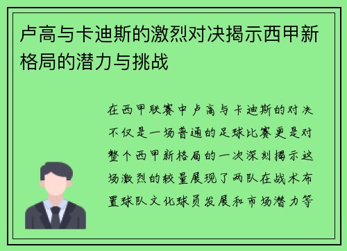 卢高与卡迪斯的激烈对决揭示西甲新格局的潜力与挑战
